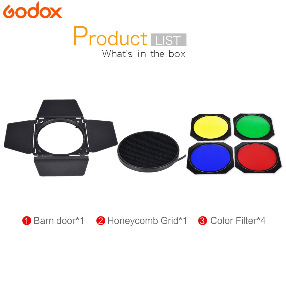 Godox – porte de grange BD-04 + grille en nid d'abeille + filtre 4 couleurs pour réflecteur Standard Bowen, accessoires de Flash pour Studio de photographie