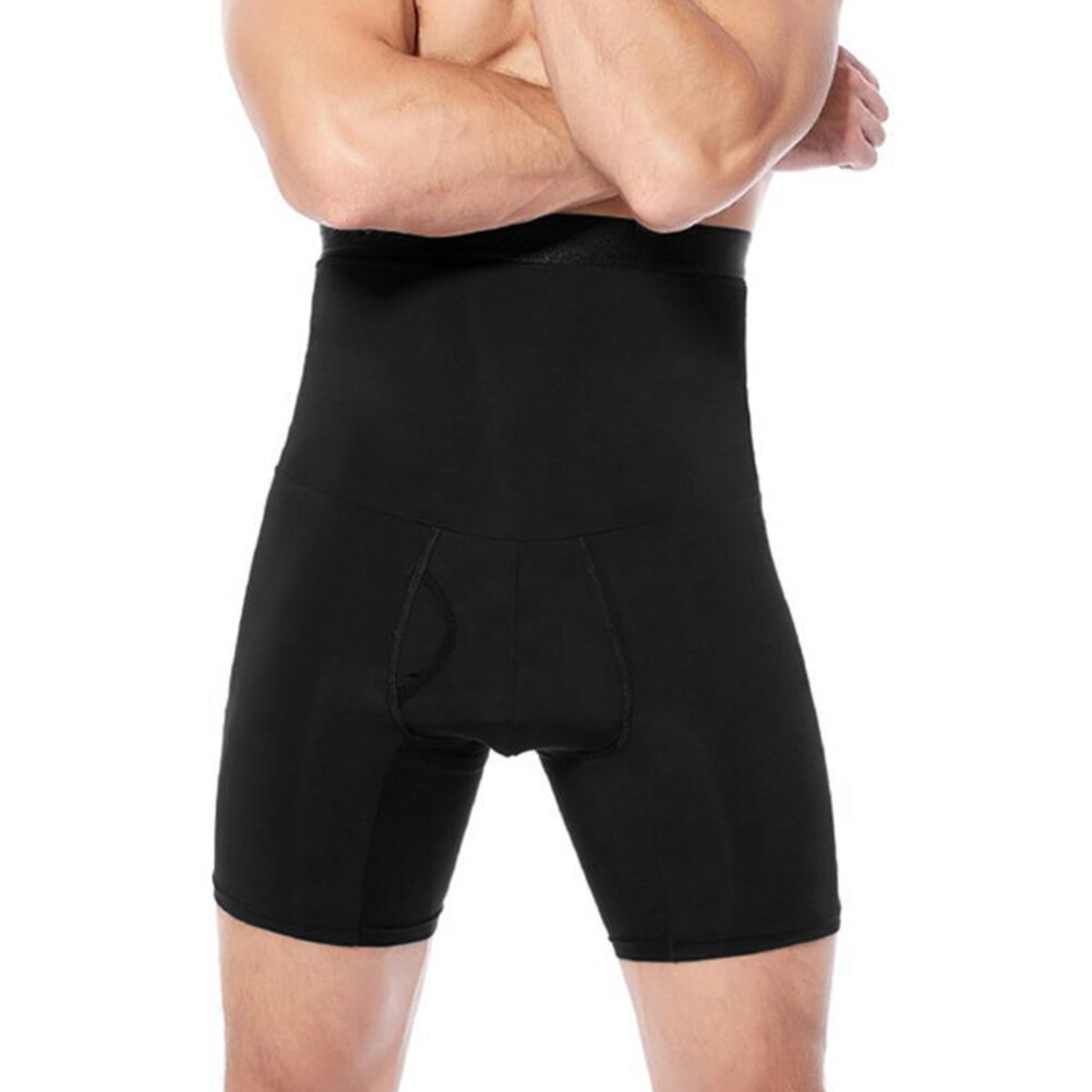 Solide træningsshorts mænd høj talje kropsformende bukser åndbar sport shapewear stram hurtigtørrende undertøj: Sort-l