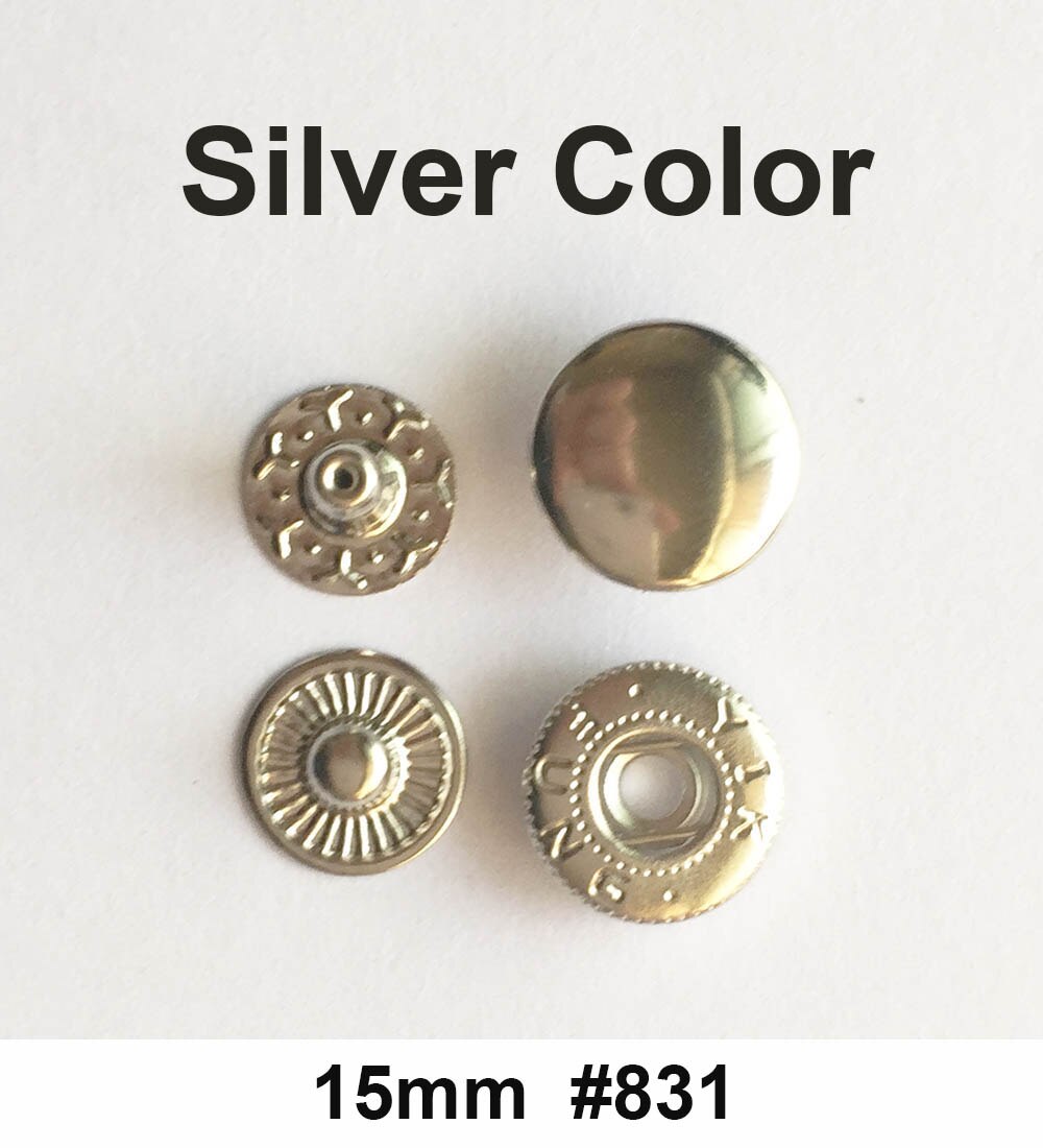 Okrągły metalowy przycisk zatrzaskowy robić skórzanych toreb odzieżowych pstryknąć Fastner zatrzaski zestaw narzędzi instalator srebrne guziki 831/633/655/201/203: 50 zestaw / srebro  15mm 831