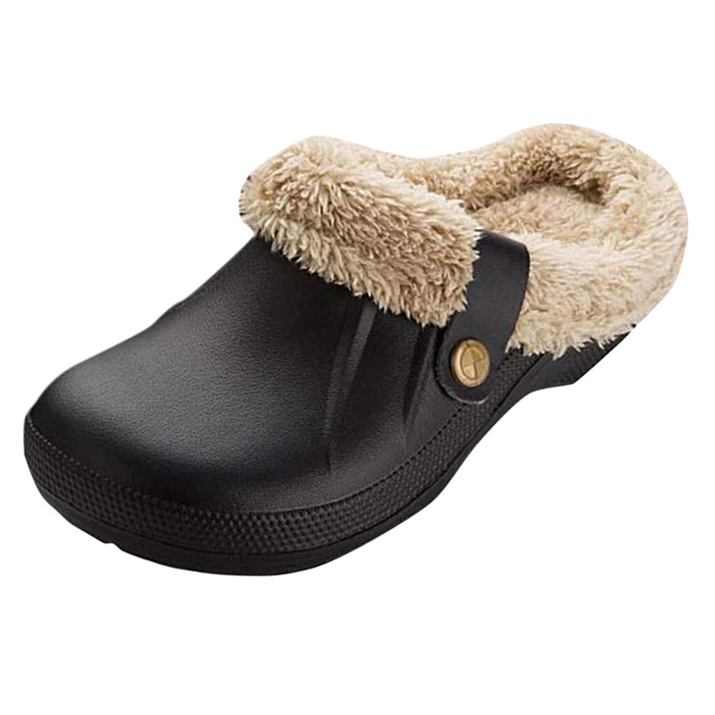 Unisex Warm Lined Slippers Home Waterproof Indoor Outdoor Garden Shoes Non-slip Floor Home Slippers Indoor Bedroom House Shoes: Black / 45