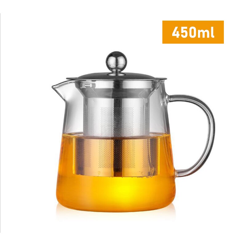 Tetera de vidrio resistente al calor, Infusor de té de acero inoxidable, recipiente calentado, tetera, teteras, filtro, juego de té, tetera para té Brewin: 450ml