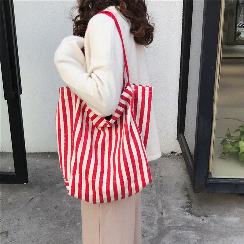 Cotton Stripe Canvas Shopping Tote Shoulder Carrying Bag Eco Reusable Bag Zippered Small Shopping Bag