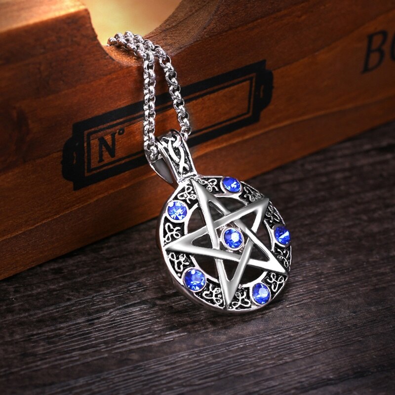 Pentagram Ronde Hollow Hanger Ketting Paar Mannen Vrouwen Ketting Blauwe Steen Ingelegd Viking Rune Accessoires Partij Sieraden