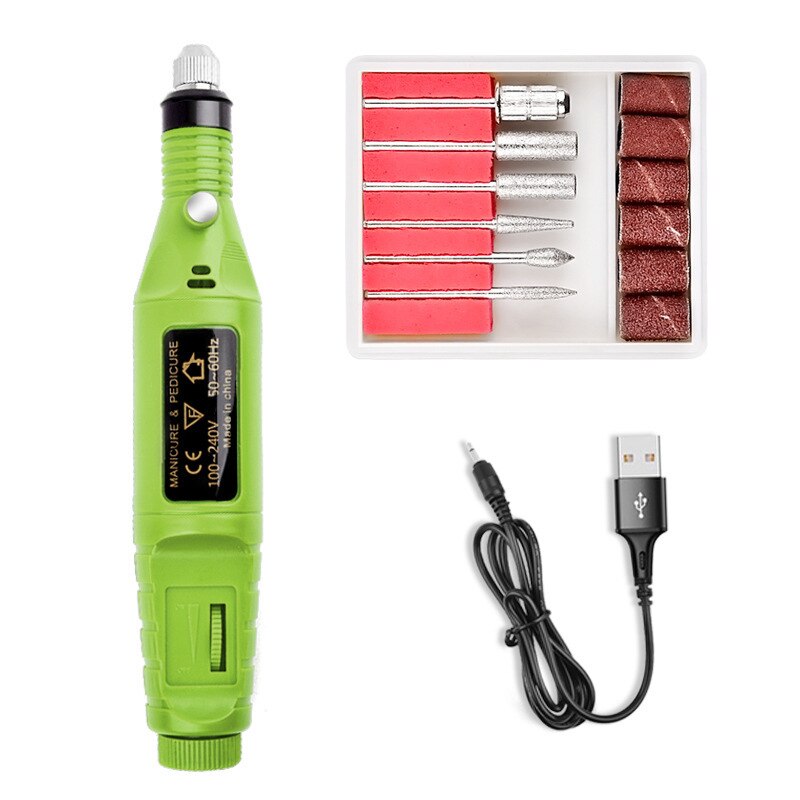 Minitaladro eléctrico de acero inoxidable, herramienta de manicura y pedicura, cortador de uñas con brocas, pulidor de uñas portátil por USB: green