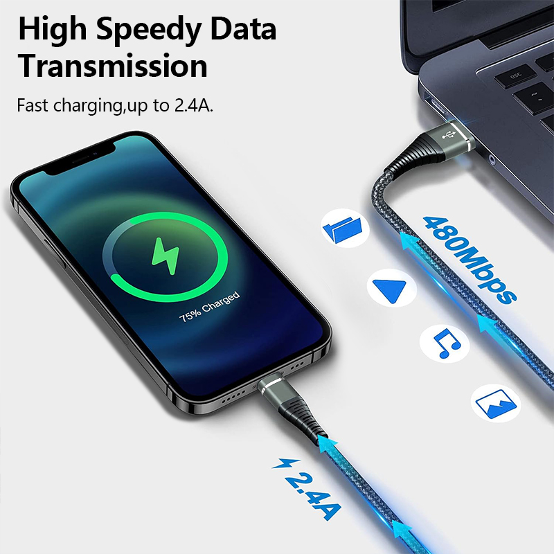 MFI Certified Iphone Cable Lightning Fast Charging 2.4A Charger Cord for Iphone 14 13 12 11 Pro Max XS Max XR SE Nylon Braided