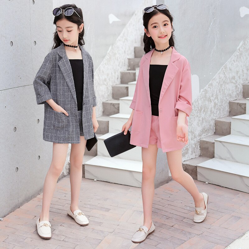 3Pcs Meisjes Pakken Kids Blazer Jacket + Vest + Shorts Outfits Kinderen Smoking Pak Voor Meisjes Blazer Wedding Party roze Grijs Kleur