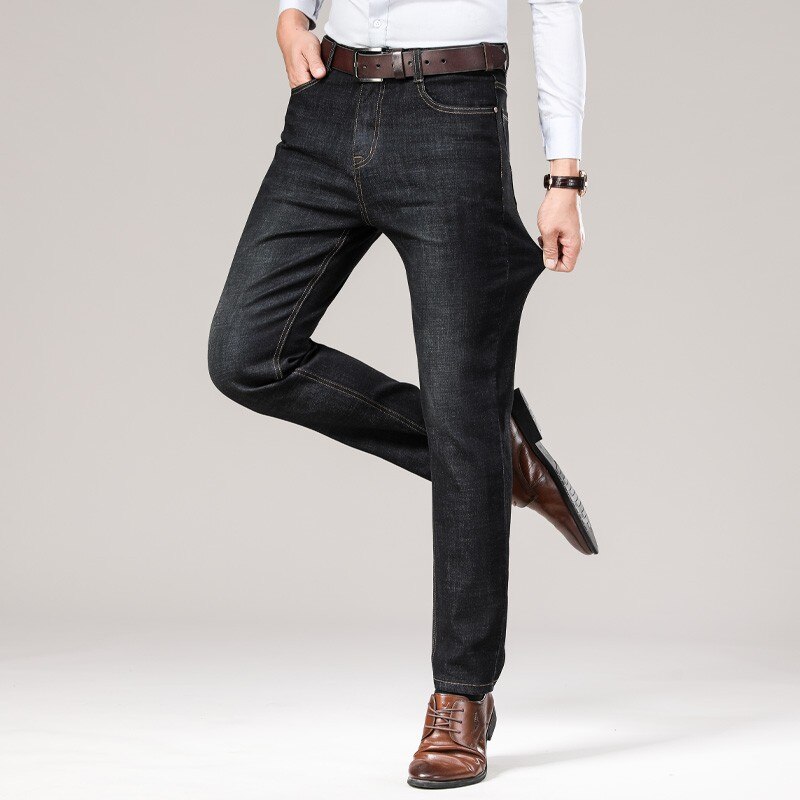 Mænd efterår stretch løs pasform brede ben moda masculina bukser herre jeans klassisk afslappet pasform denim bukser biker