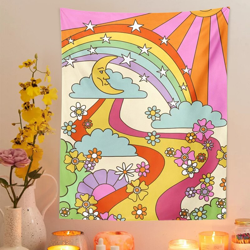 Tenture murale rétro arc-en-ciel 70s 60s, tapisserie Vintage psychédélique, trébuchant soleil lune INS Trippy, décoration murale Hippie