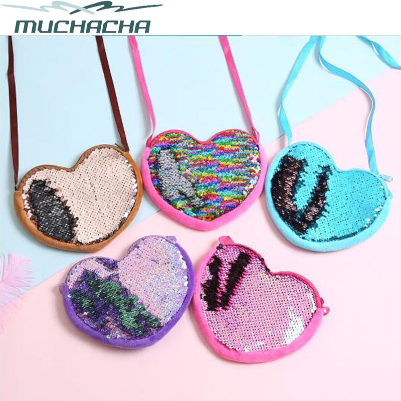 Love Heart Shape Cute Children Sequin Change Wallet Glittering Messenger Shoulder Bag Crossbody Coin Purse Bag