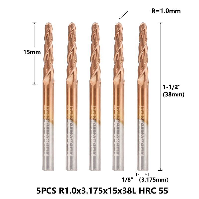 Xcan konisk kuglenæse endefræser 1/8 '' (3.175mm)  skaft supercoated hårdmetal fræser 5 stk sæt træ metal graveringsbit: R1.0 hrc 60