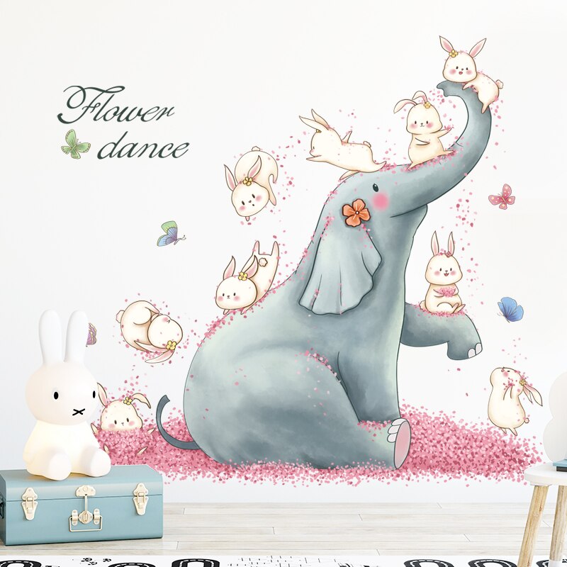 Cartoon Blauwe Olifant Met Leuke Konijntjes Muursticker Bloem Dans Behang Home Decor Voor Kid 'S Woonkamer Slaapkamer Muur muurschildering: Default Title