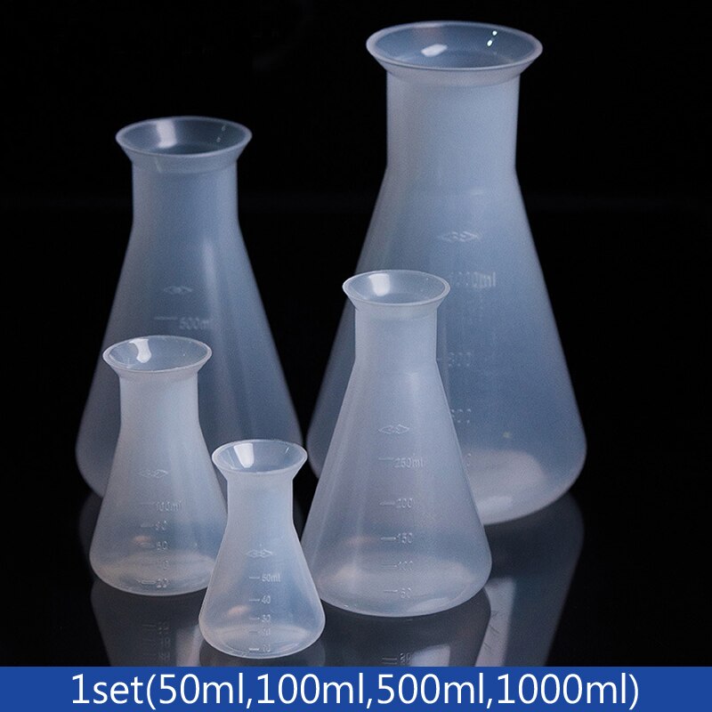 4 Stks/set Plastic Erlenmeyer Meten Driehoek Fles Brede Mond Plastic Shaker Laboratorium Keuken (50Ml, 100Ml, 500Ml, 1000Ml)