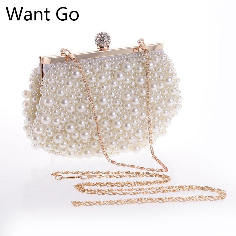 Want go branco cor pérola frisado noiva festa de casamento embreagem bolsa moda feminina noite saco mais novo senhora mini corrente bolsa de ombro