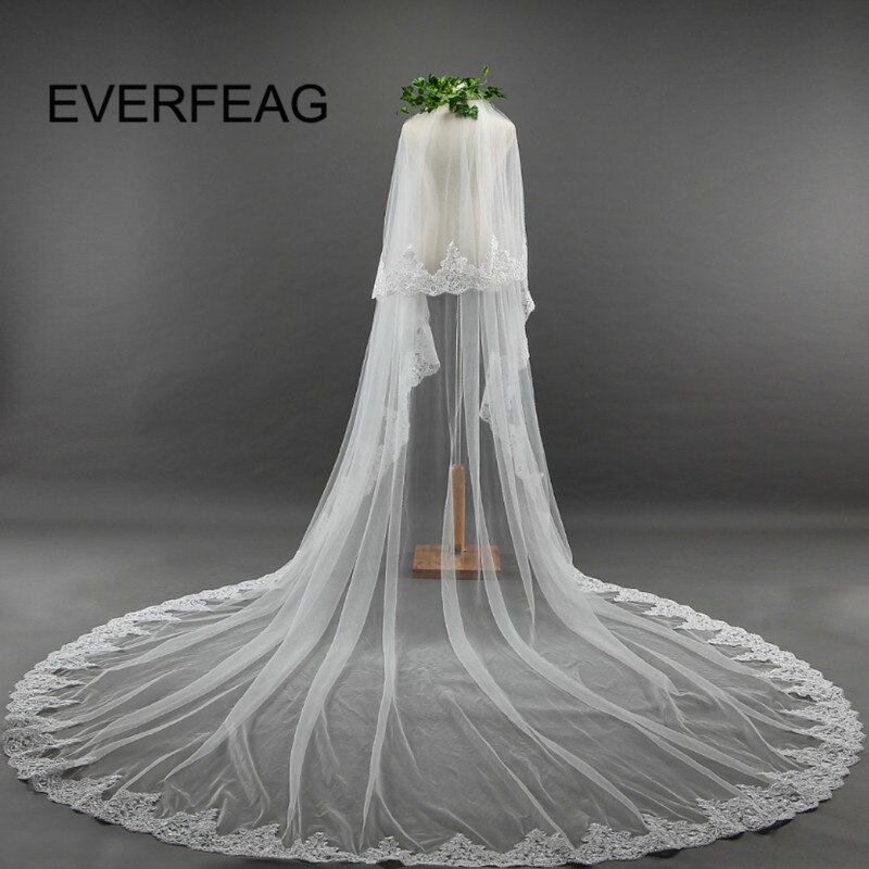 Echte Beelden 350cm 2 Layer Lange Wedding Veil Lace Edge Bridal Veils met Kam Bruiloft Accessoires