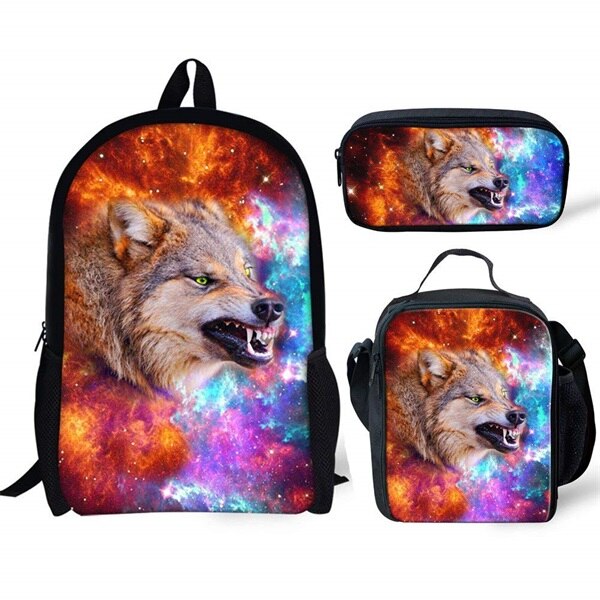 INSTANTARTS Cool Galaxy/Universe Wolf Print Schooltas voor Jongens 3 STUKS Set Rugzakken Kinderen Casual Middelbare School Student Rugzak: CC3221CGK