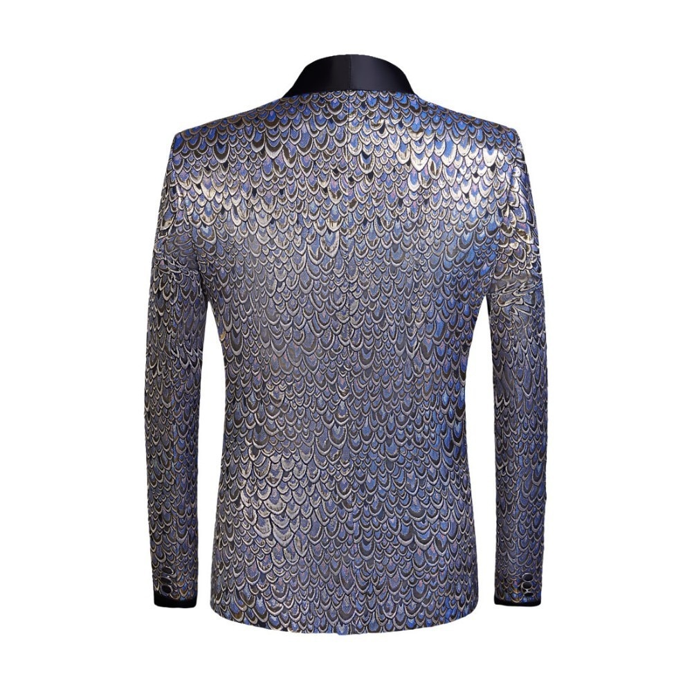 PYJTRL Male Shawl Lapel Gold Blue Jacquard Scale Pattern Slim Fit Blazer Hombre Suit Jacket Men Wedding Groom Singers Costume