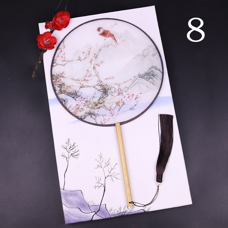 1Pc Chinese Stijl Vintage Dame Bloem Ronde Fan Hand Wedding Dance Bamboe Handvat Zijde Doek Fan: 8