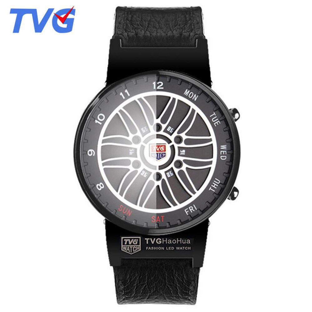 Tvg unieke auto roulette velg horloges heren blauwe led binaire horloges leren band elektronische polshorloges heren sporthorloges