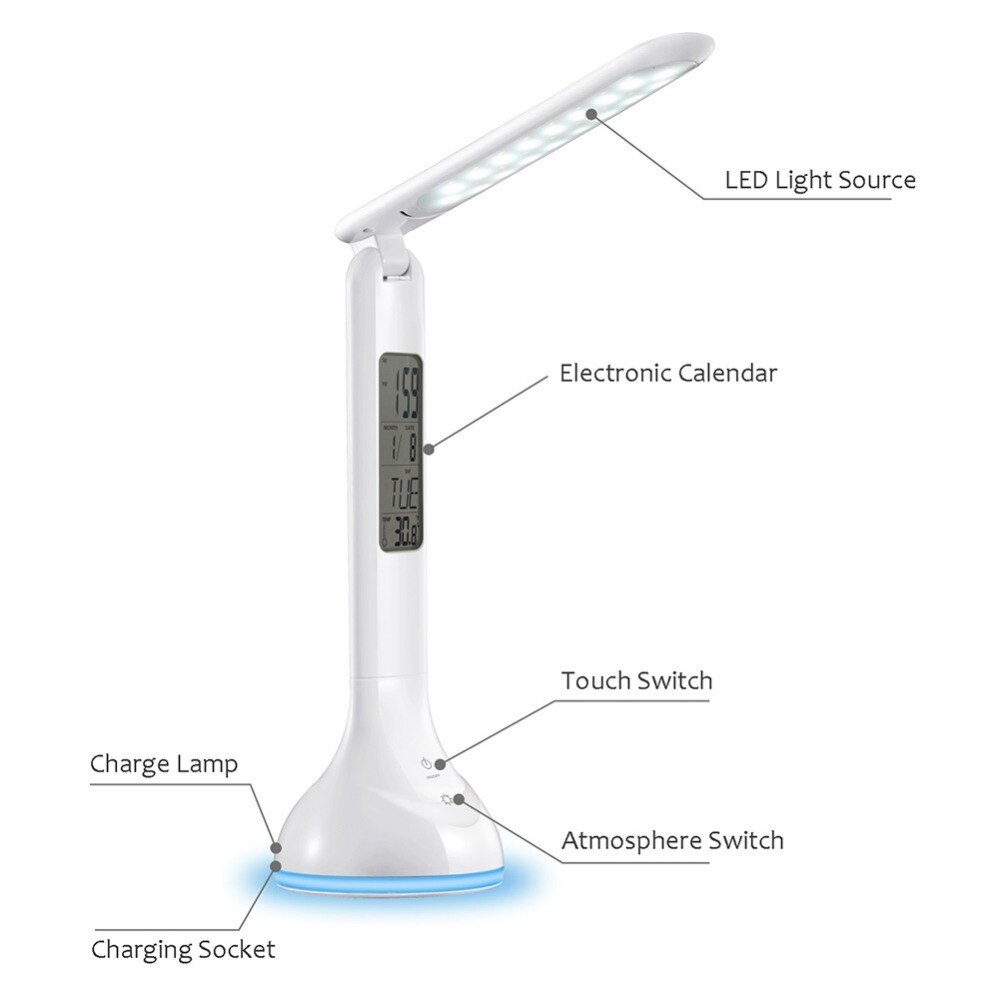 Led Bureaulamp Tafellamp Opvouwbare Dimbare met Kalender Temperatuur Wekker Sfeer Kleuren Veranderen Boek Licht