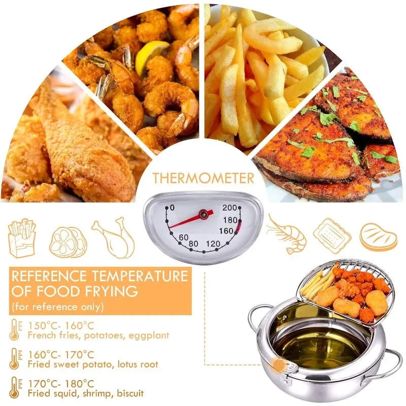 Friggitrice multifunzionale con termometro e scolapiatti per olio Utensili da cucina per fornelli a induzione a gas a doppio fondo per uso domestico