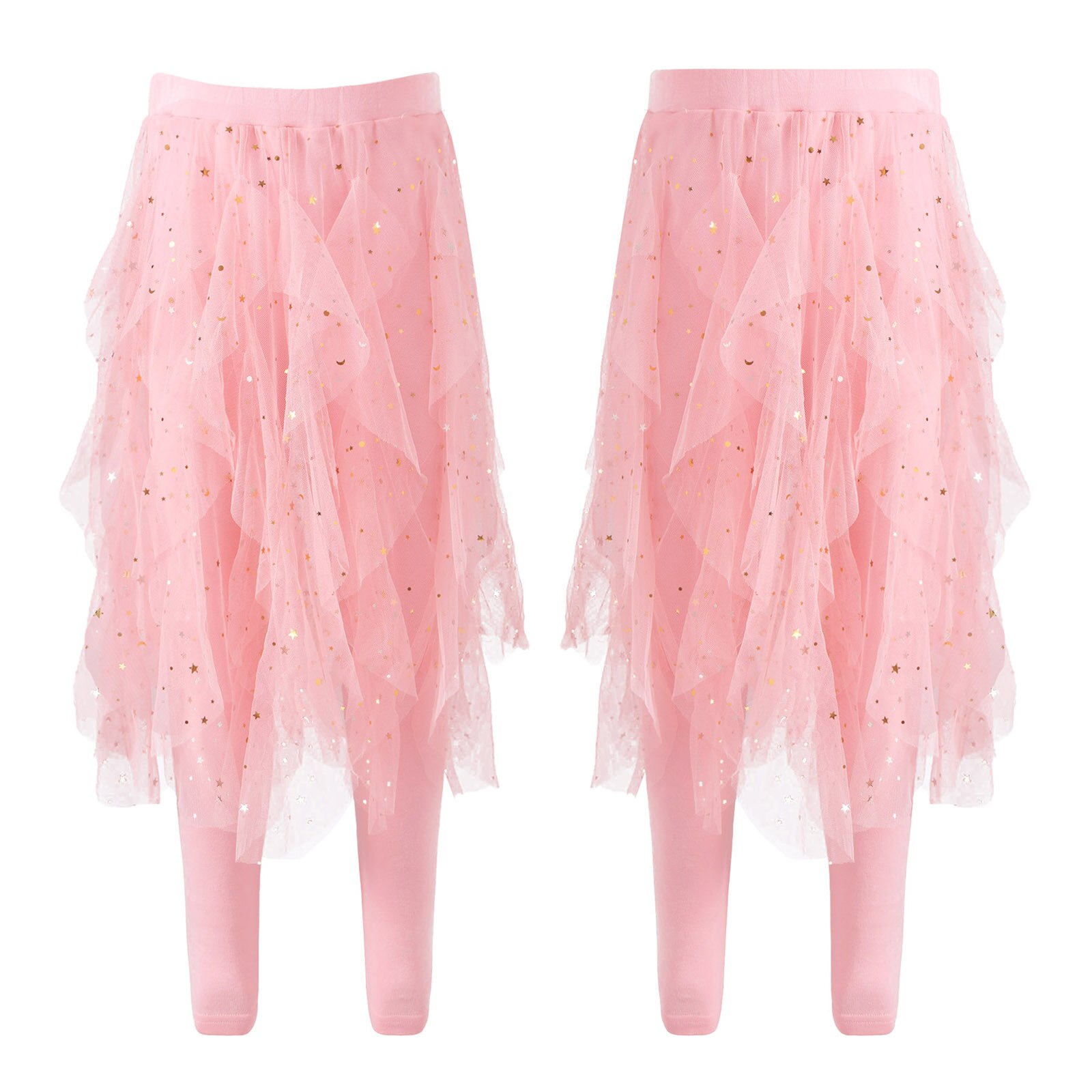 Bambini ragazze abbigliamento Leggings pantaloni con gonne Tutu irregolari vita elastica stelle scintillanti paillettes maglia Tulle culotte collant: Pink / 120