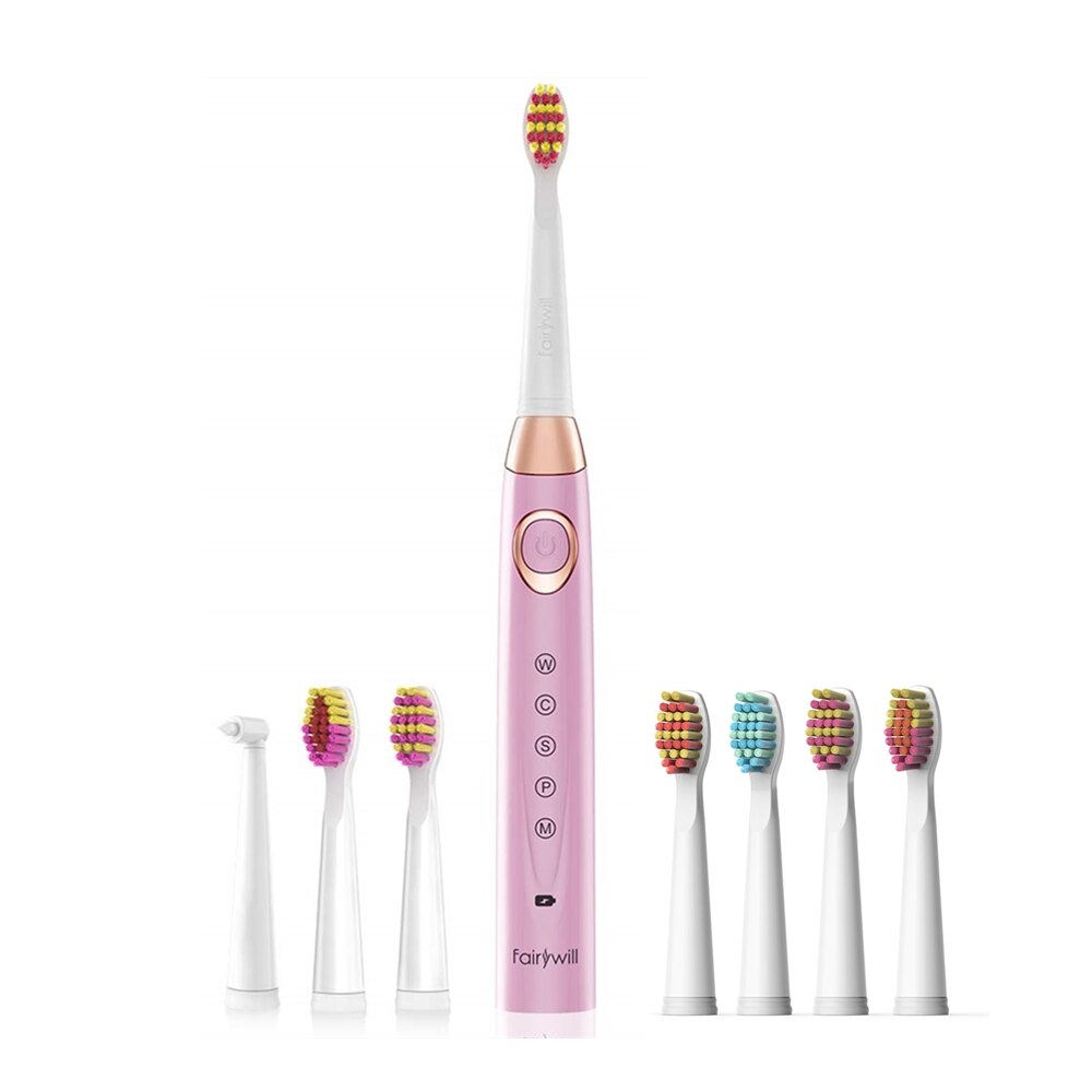 Fairywill – Brosses à dents électriques Sonic pour adultes et enfants,appareil de blanchiment rechargeable avec minuterie intelligente et 10 têtes de rechange, 5 modes de nettoyage,: 508Pink-FW04