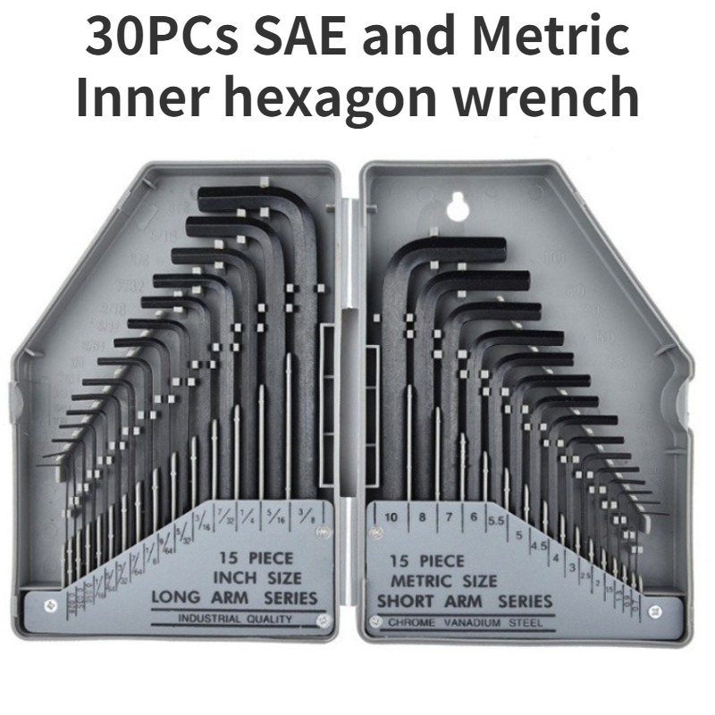 30PCs Hex Key Wrench Set, Metric and SAE Allen Wrenches (0.028-3/8 Inch, 0.7-10 Mm) L Shape Allen Keys,High Hardness Steel: Gold