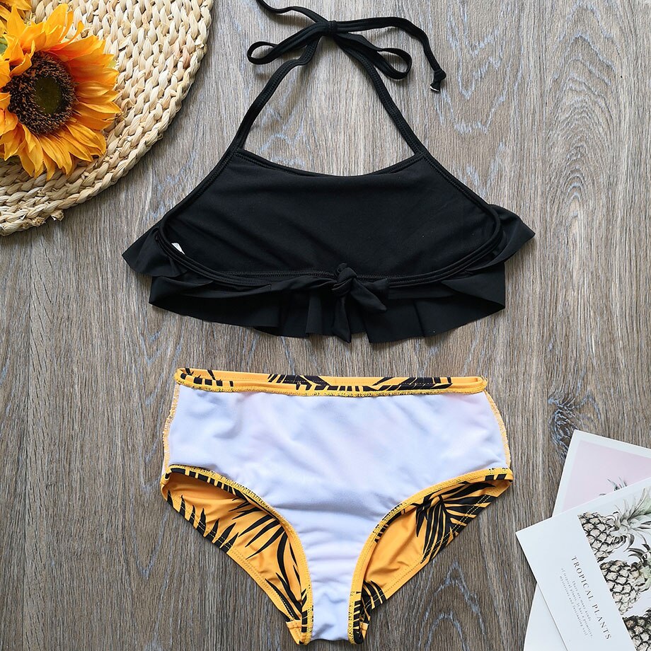 5-14 Years Girl Swimsuit Kids Swimwear Leaf Print Teenage Girl Bikini Halter Top Girls Bathing Suit Falbala Children's Swimwear