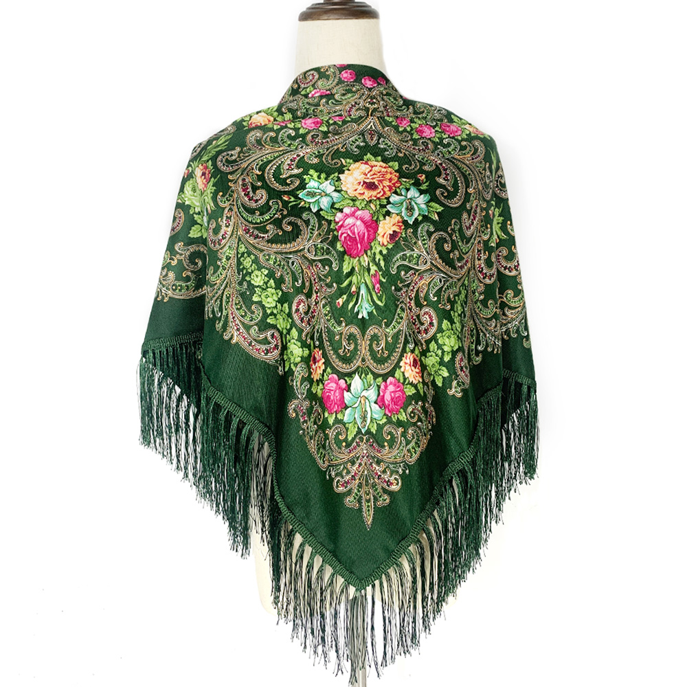 Bufanda rusa de 115x115cm para mujer, Bandana cuadrada con estampado Floral de lujo, chal con flecos ucranianos, pañuelo Babushka, envolturas para la cabeza: Verde