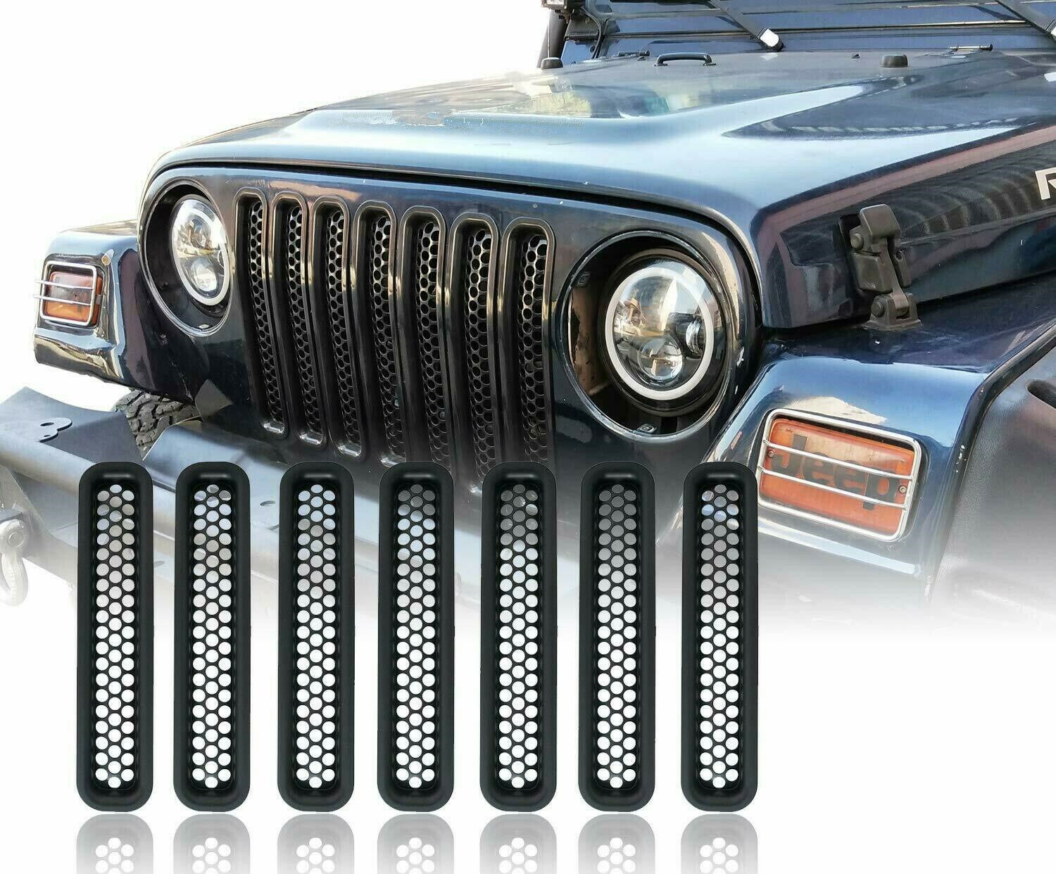Malla de panal de abeja, insertos de parrilla delantera, forJee Wrangler TJ Unlimited, 1997-2006, 7 Uds.