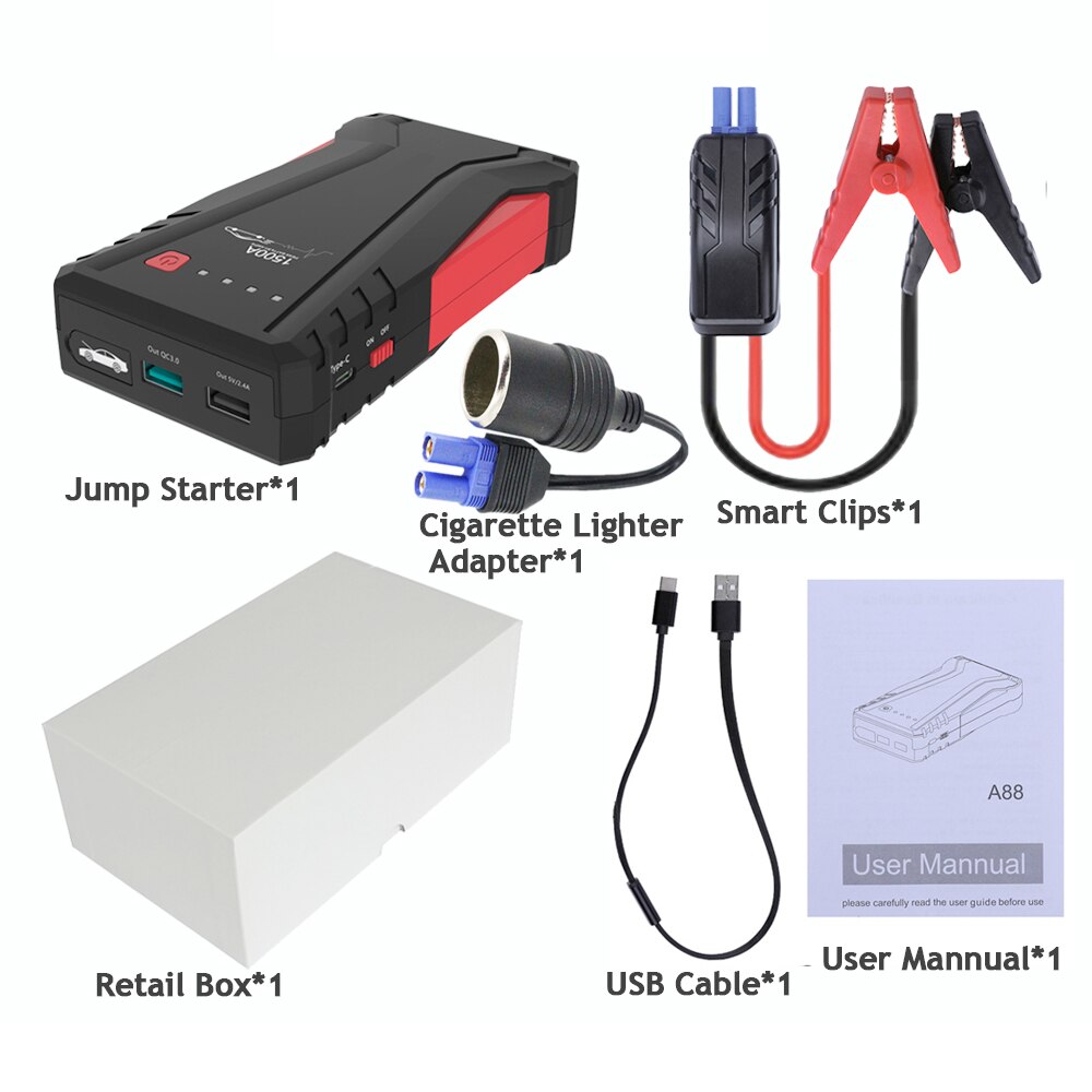 Super Power Car Jumper Starter 1500A Portable Car Battery Booster Charger 12V Starting Device For Petrol Diesel Auto Reboot Tool