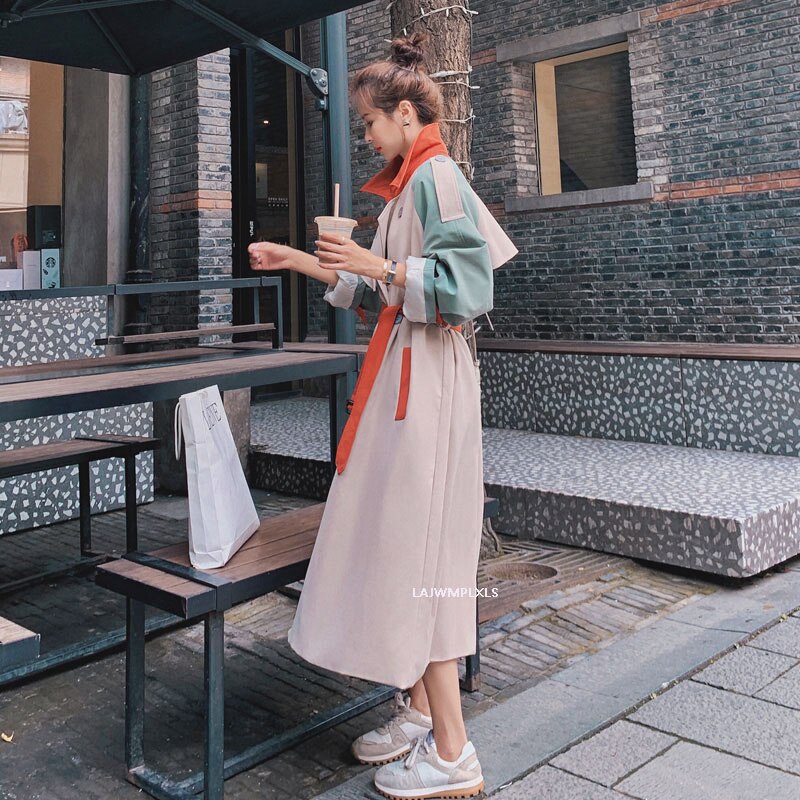 Korean Autumn Color Block Trench Coat Women Streetwear Camel Belt Pocket Coat Trench Duster Coat spring FY135