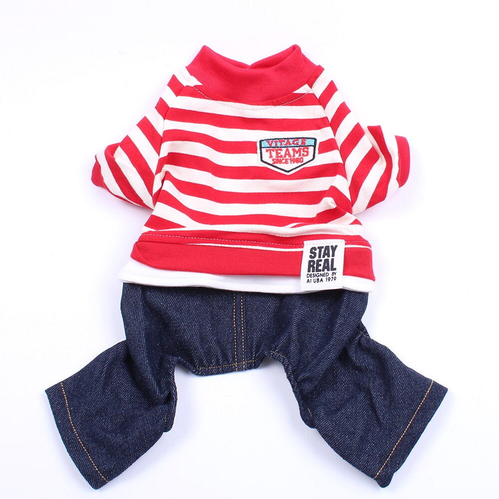 Classic Striped Pet Jumpsuit Dog Hoodie Denim Pants Cat Puppy Coat Jacket Autumn/Spring Clothes Apparel: Red / XL