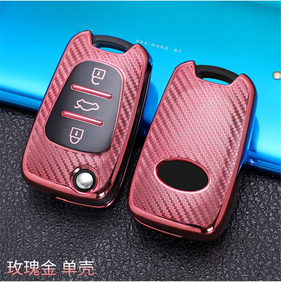 3 boutons en Fiber de carbone TPU voiture à distance clé à rabat housse coque gousset pour Hyundai I30 IX35 Verna pour KIA Sportage Sorento Rondo Soul RIO: Rose