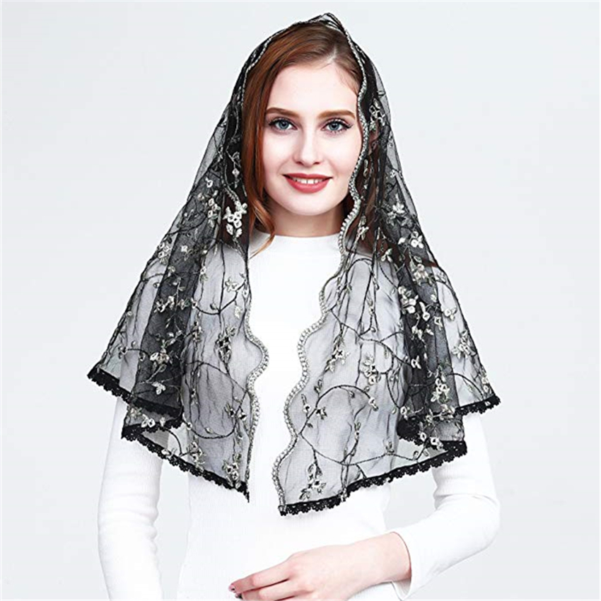 Embroided Floral Lace Catholic Veil Mantilla for Church Head Covering Latin Mass Chapel mantilla negra velo negra Voile mantille