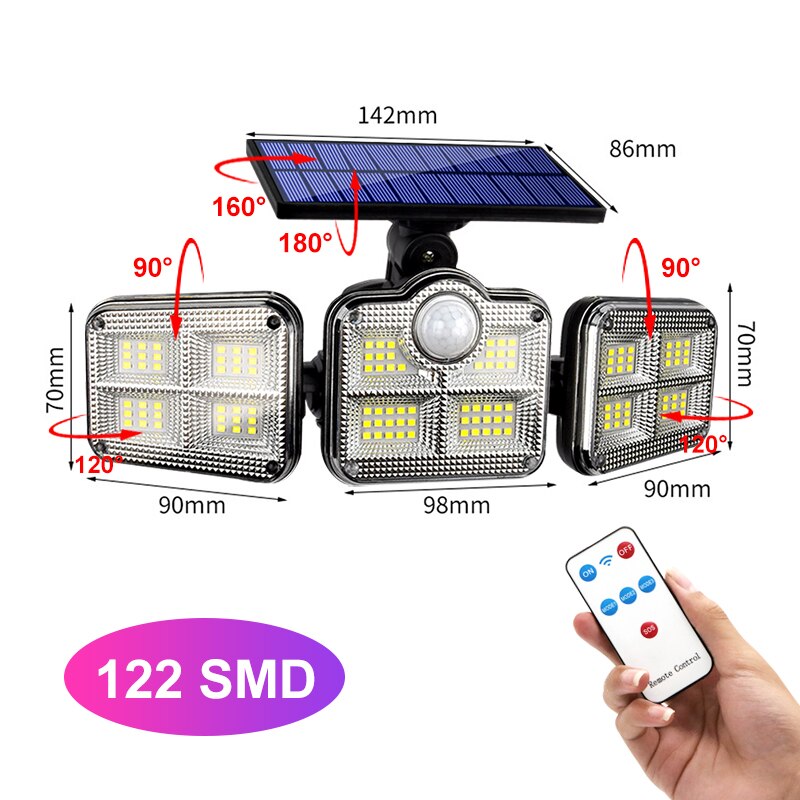 Solar LED Light Outdoor 108 LED 3 Head Motion Sensor Remote Control Lamp 270 Wide Angle Illumination Wall lamp Flood Lights: Integrated-122 SMD