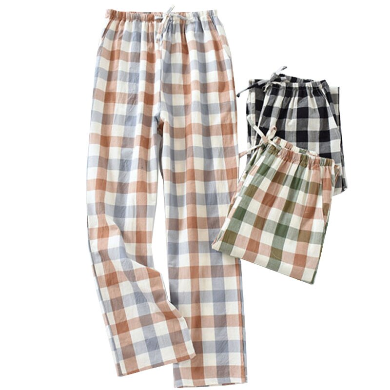 Spring Summer Fall Ladies Simple Style Plaid Pants Elastic Waist Comfort Loose Cotton Trousers Women Household Sleep Bottoms