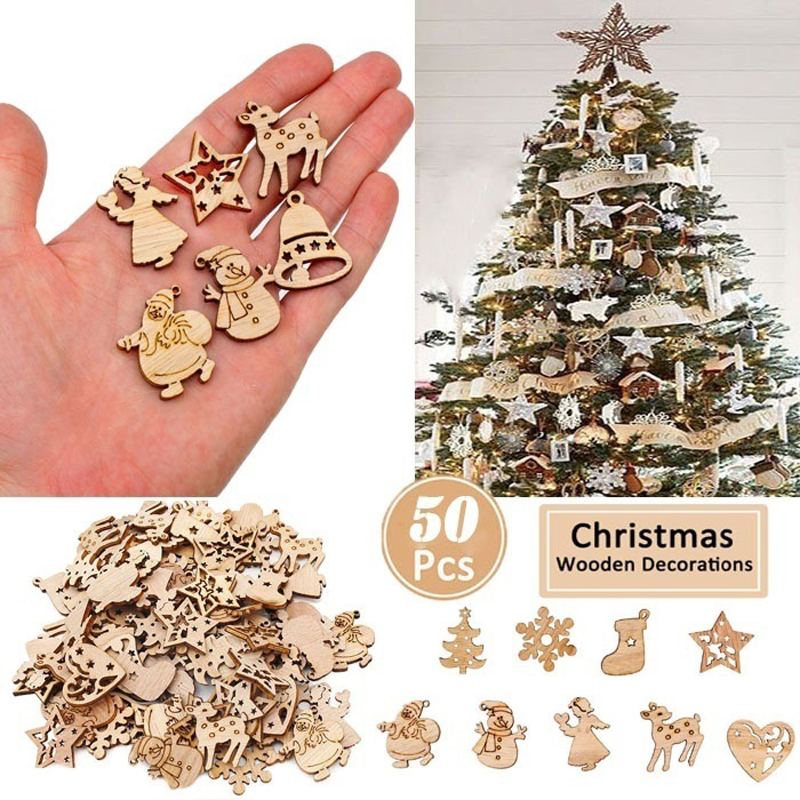 50 stks/set Mini Kerstboom Decor Ornamenten Houten Kerstman Sneeuwpop Herten Hangers Kerstversiering Kleine Beeldjes