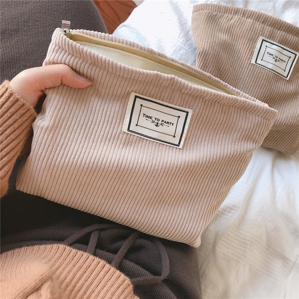 Neceser grande de pana para mujer, bolsa de maquillaje impermeable con cremallera, organizador de maquillaje de viaje, funda de belleza: beige