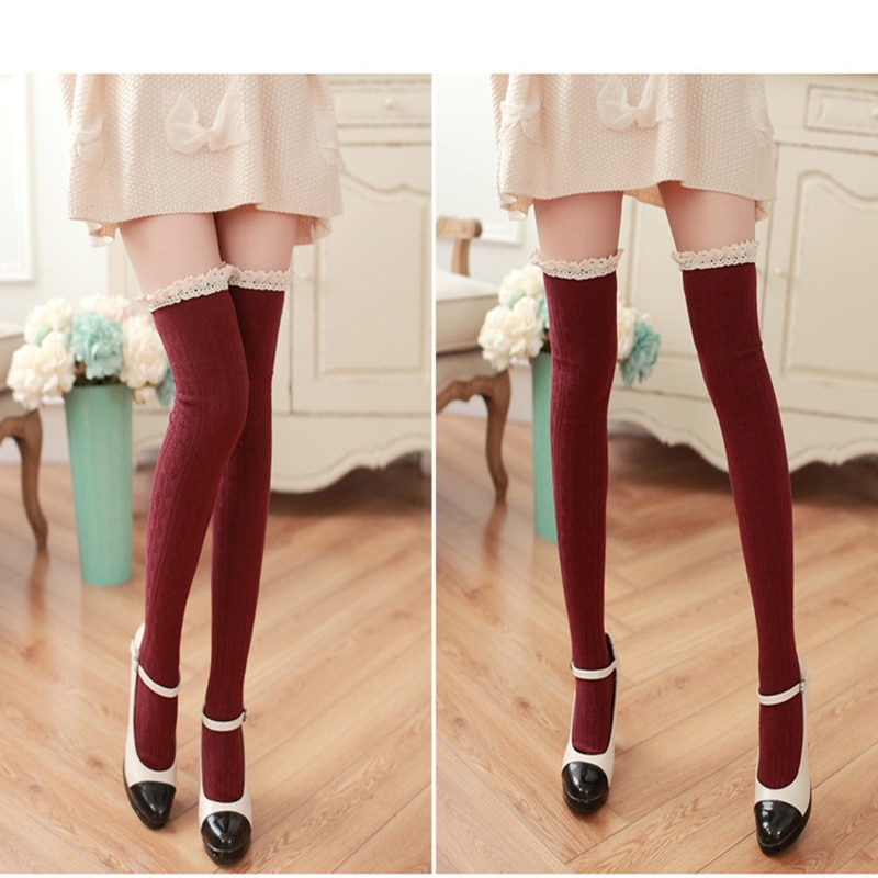 Helisopus dames kanten kousen kniekousen dijhoge katoenen kousen dames herfst winter kerst gebreide kousen