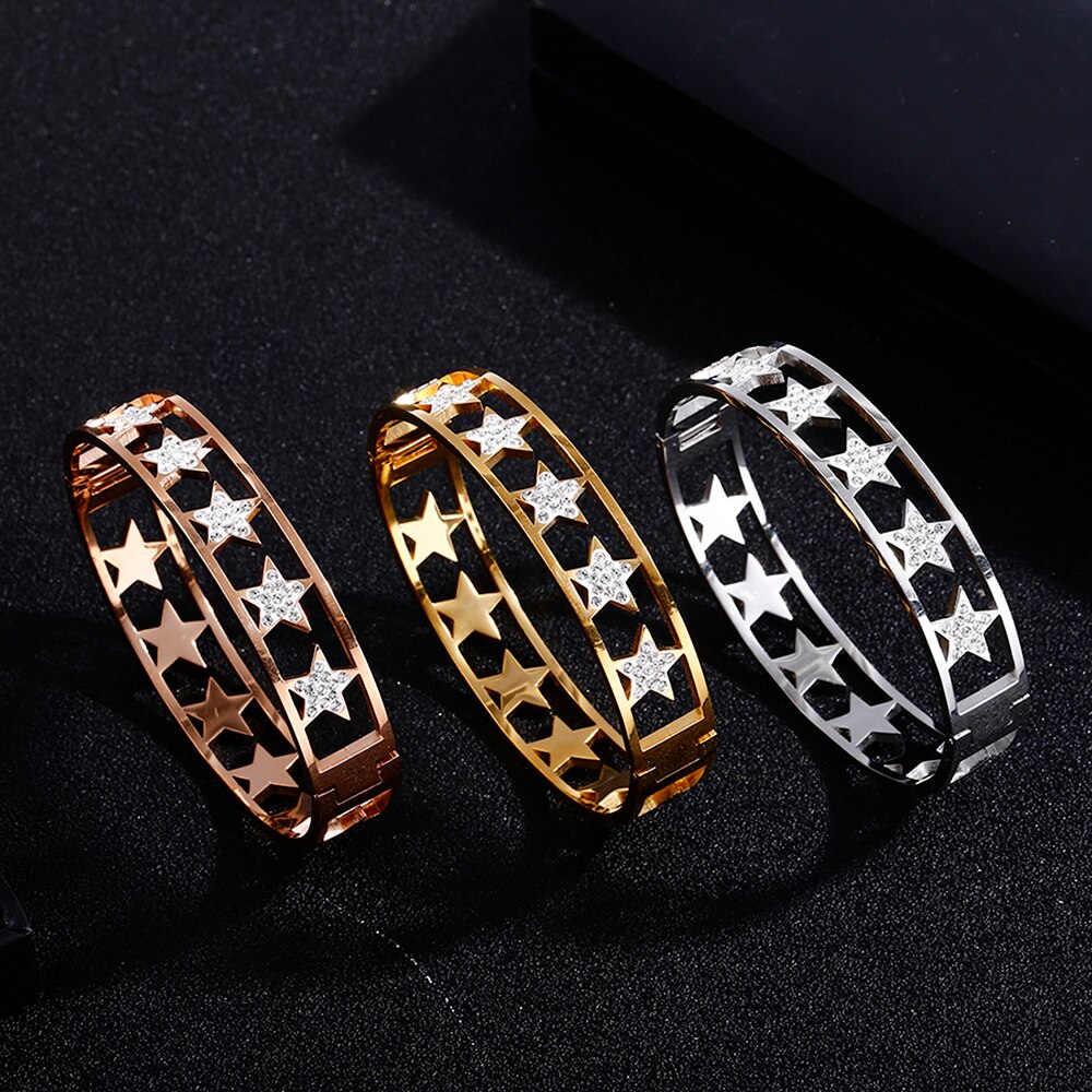 Prata ouro aço inoxidável pulseiras largas para mulheres estrelas de cristal branco pode abrir e fechar mão pulseiras presente 2021 novo