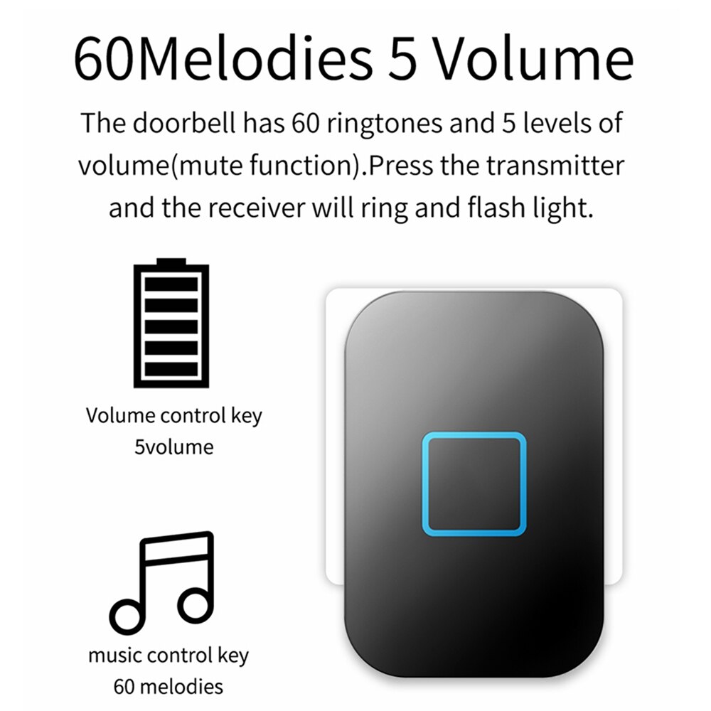 WEMEDA No Battery Wireless Doorbell Self-powered Waterproof Home Call Ring Bell 2 Button 4 Receiver 60 Chimes 5 Volume 0-110DB