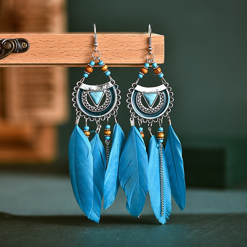 Pendientes colgantes de plumas bohemios para mujer, aretes largos de cuentas con borlas, joyería para , banquete,