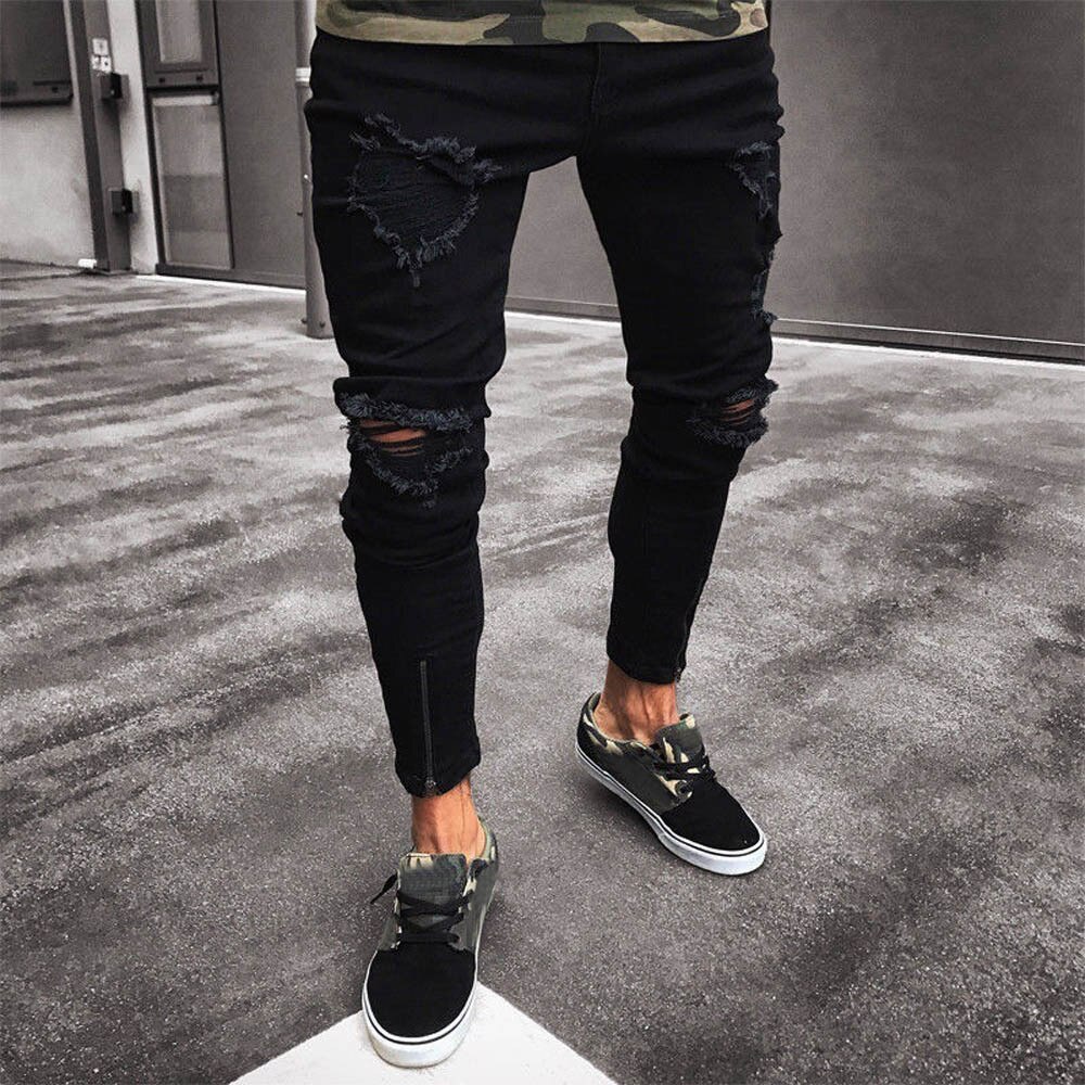 Mode mannen Broek Mannen Slanke Biker Zipper Denim Jeans Skinny Verzwakte Broek Verontruste Rip Broek Herfst Heren Jeans Lange broek