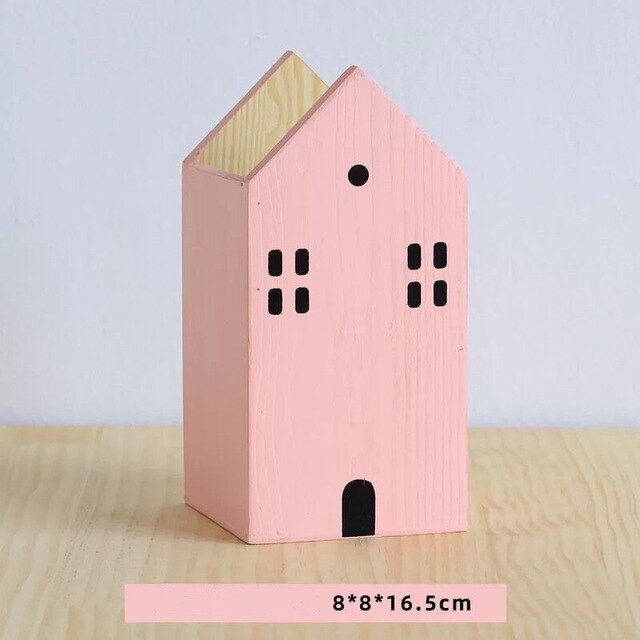 Hus form træ blyant penneholder desktop organizer opbevaringsboks container pensel pot papirvarer skole kontor tilbehør: Stor lyserød