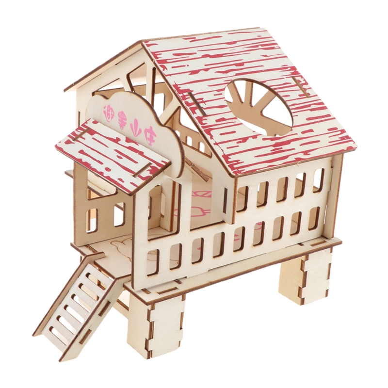 Hamster Hideout Wooden Hut Small Animals Double Layer Villa Rat Room House Cage Exercise Toy with Ladder Board