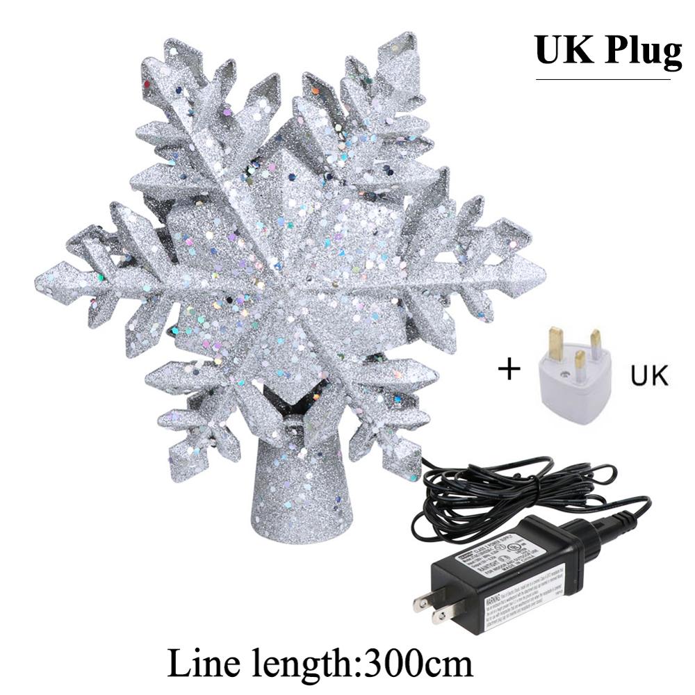 Ourwarm juletræ topper tændt med hvid snefnug projektor roterende 3d glitter tændte julepynt til træ: Uk-stik