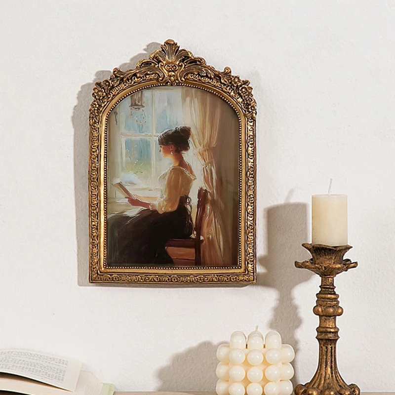 Antique Arch Shaped Photo Frame Gold Color Carved Embossed Resin Picture Frame Holder Wall Hanging Home Table Decoration Crafts