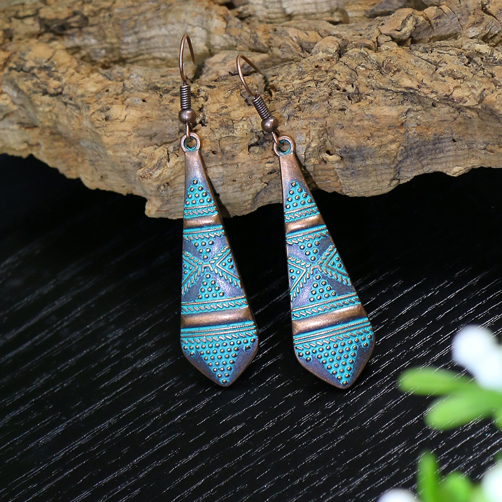 Pendientes bohemios étnicos Vintage de Color bronce para mujer, aretes colgantes geométricos de flor tallada en piedra azul clásica, joyería Jhumka