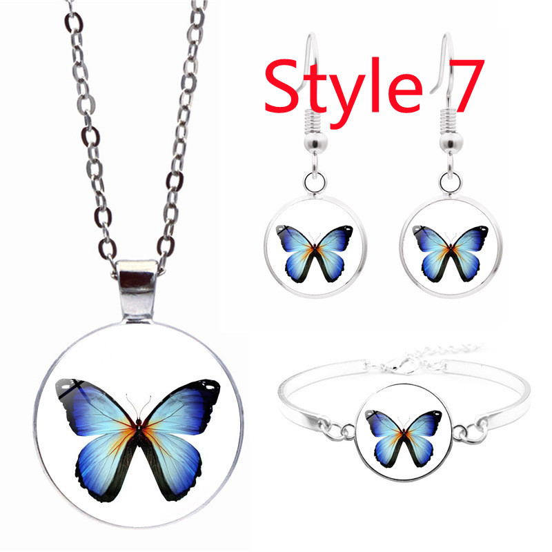 Tegel Sieraden Vlinder Glas Cabochon Ketting Stud Oorbellen Armband Set Totally 4Pcs Boom Celestial Vrouwen Sieraden Set: Style 7